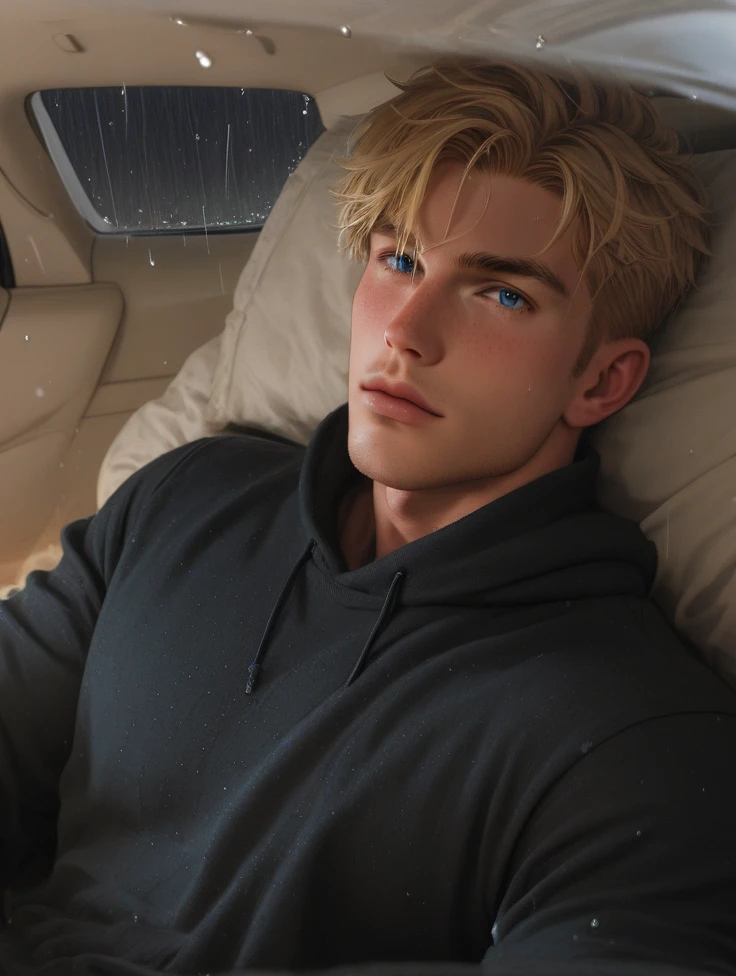 8k,score_9,score_8_up,score_7_up, yaoi, 1boys,gay, detailed, very short hair, blonde hair, freckles, blue eyes, freckles, freckles on body, muscle wide shoulders, muscle pecs, abs, vascular biceps and triceps,flanel shirt, cute, blondlust, boyish face, cute face,above perspective, looking at viewer, rain, cloudy sky, rain street
