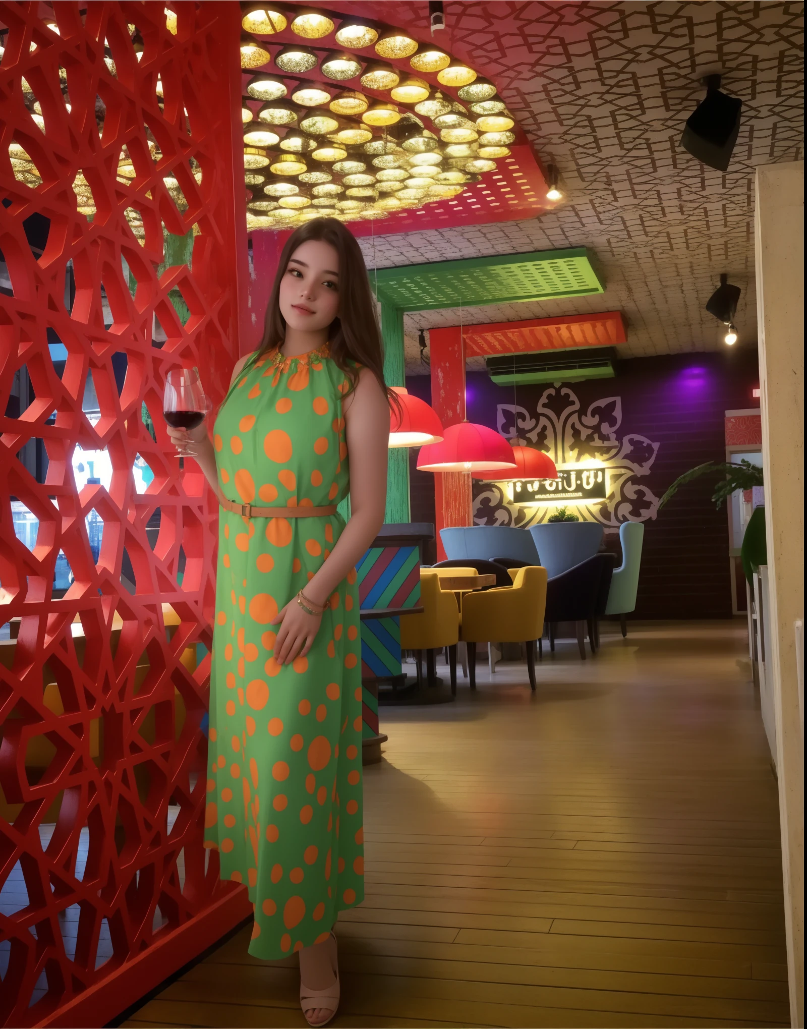 girl in a cafe, photo of a girl near a red wall, full-length girl in a dress, girl with a glass of wine, супер качество, взрослая женщина в модном кафе