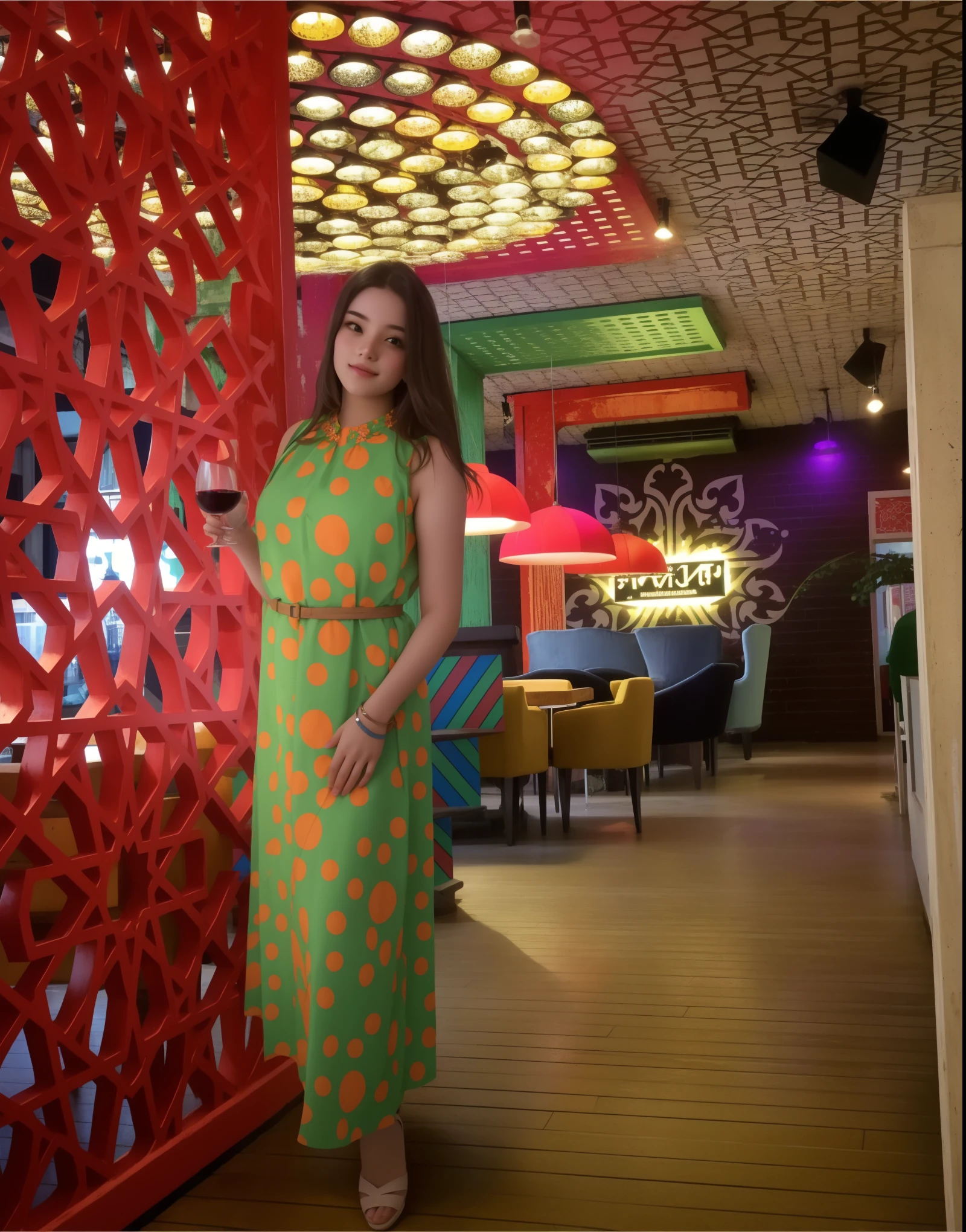 girl in a cafe, photo of a girl near a red wall, full-length girl in a dress, girl with a glass of wine, супер качество, взрослая женщина в модном кафе