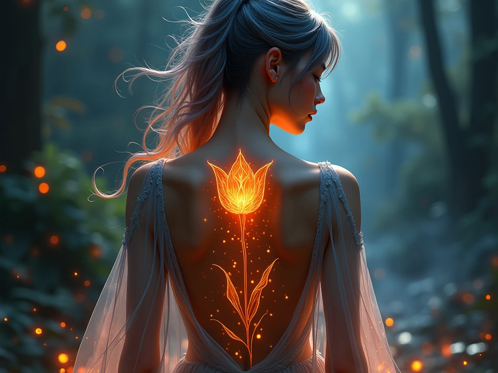 Arafed, Dark fantasy art, fantasy art, goth art, a picture of a tattoo of a tulip on the back of a female elf, a glowing tattoo of a ((tulip: 1.3)) on the elf's back, the ((tulip tattoo: 1.3)) is vivid, intricate detailed, ((fire surrounds the tulip: 1.5)), shot taken from the back, ((the back is visible: 1.3), she wears a transparent dress, dynamoc color dress, the dress is elegant, flowing, elven style, that the tattoos glow, dynamic hair color, dynamic hair style, vibrant, Ultra-high resolution, High Contrast, (masterpiece:1.5), highest quality, Best aesthetics, best details, best quality, highres, 16k, (ultra detailed: 1.5), masterpiece, best quality, (extremely detailed) RAW, (ultra details, Masterpiece, best quality) faize, Digital Painting, *channel_42*, rpg portrait