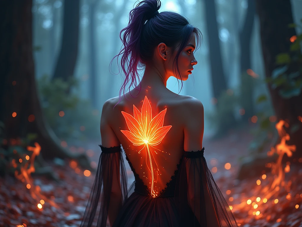 Arafed, Dark fantasy art, fantasy art, goth art, a picture of a tattoo of a tulip on the back of a female elf, a glowing tattoo of a ((tulip: 1.3)) on the elf's back, the ((tulip tattoo: 1.3)) is vivid, intricate detailed,  ((fire surrounds the tulip: 1.5)), shot taken from the back, ((the back is visible: 1.3), she wears a transparent dress, dynamoc color dress, the dress is elegant, flowing, elven style, that the tattoos glow, dynamic hair color, dynamic hair style,  vibrant, Ultra-high resolution, High Contrast, (masterpiece:1.5),  highest quality, Best aesthetics, best details, best quality, highres, 16k, (ultra detailed: 1.5), masterpiece, best quality, (extremely detailed) RAW, (ultra details, Masterpiece, best quality) faize, Digital Painting, *channel_42*, rpg portrait