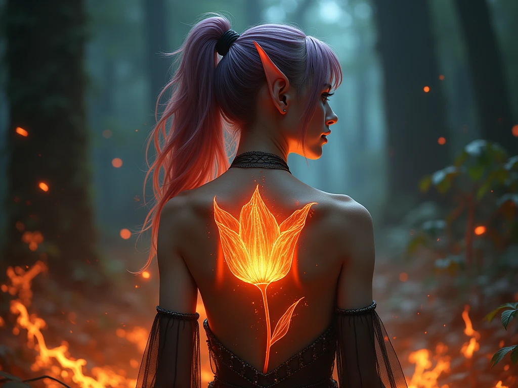 Arafed, Dark fantasy art, fantasy art, goth art, a picture of a tattoo of a tulip on the back of a female elf, a glowing tattoo of a ((tulip: 1.3)) on the elf's back, the ((tulip tattoo: 1.3)) is vivid, intricate detailed,  ((fire surrounds the tulip: 1.5)), shot taken from the back, ((the back is visible: 1.3), she wears a transparent dress, dynamoc color dress, the dress is elegant, flowing, elven style, that the tattoos glow, dynamic hair color, dynamic hair style,  vibrant, Ultra-high resolution, High Contrast, (masterpiece:1.5),  highest quality, Best aesthetics, best details, best quality, highres, 16k, (ultra detailed: 1.5), masterpiece, best quality, (extremely detailed) RAW, (ultra details, Masterpiece, best quality) faize, Digital Painting, *channel_42*, rpg portrait