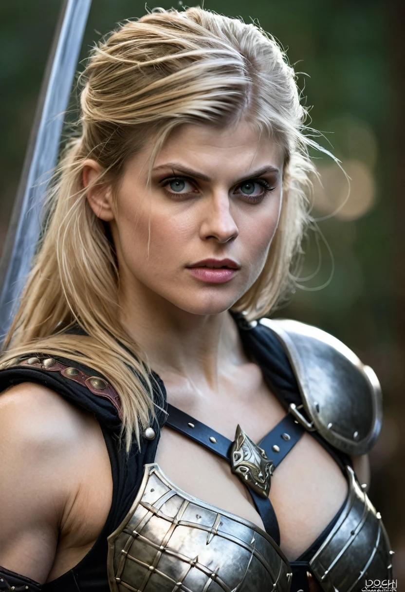 Looks like Alexandra Daddario, A beautiful barbarian woman, blonde hair, punk hair, sword and sorcery, skimpy armour, high detail face, high detail skin, muscle definition, high resolution, photo-realistic, cinematic lighting, depth of field, bokeh