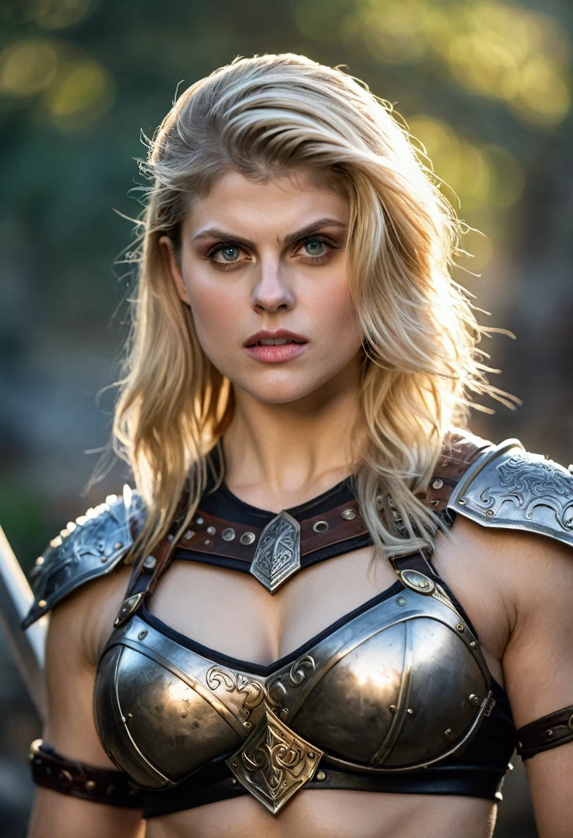 Looks like Alexandra Daddario, A beautiful barbarian woman, blonde hair, punk hair, sword and sorcery, skimpy armour, high detail face, high detail skin, muscle definition, high resolution, photo-realistic, cinematic lighting, depth of field, bokeh