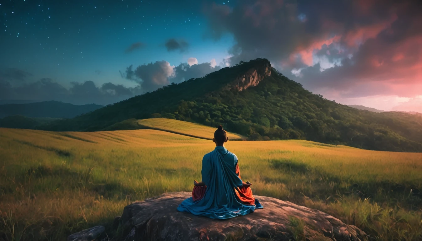 Person meditating. Loose Clothes. belo landscape de um vale florido. Enchanted World. Feeling of contemplation. Symbols of nature. strong and vibrant colors. cinematic lighting.