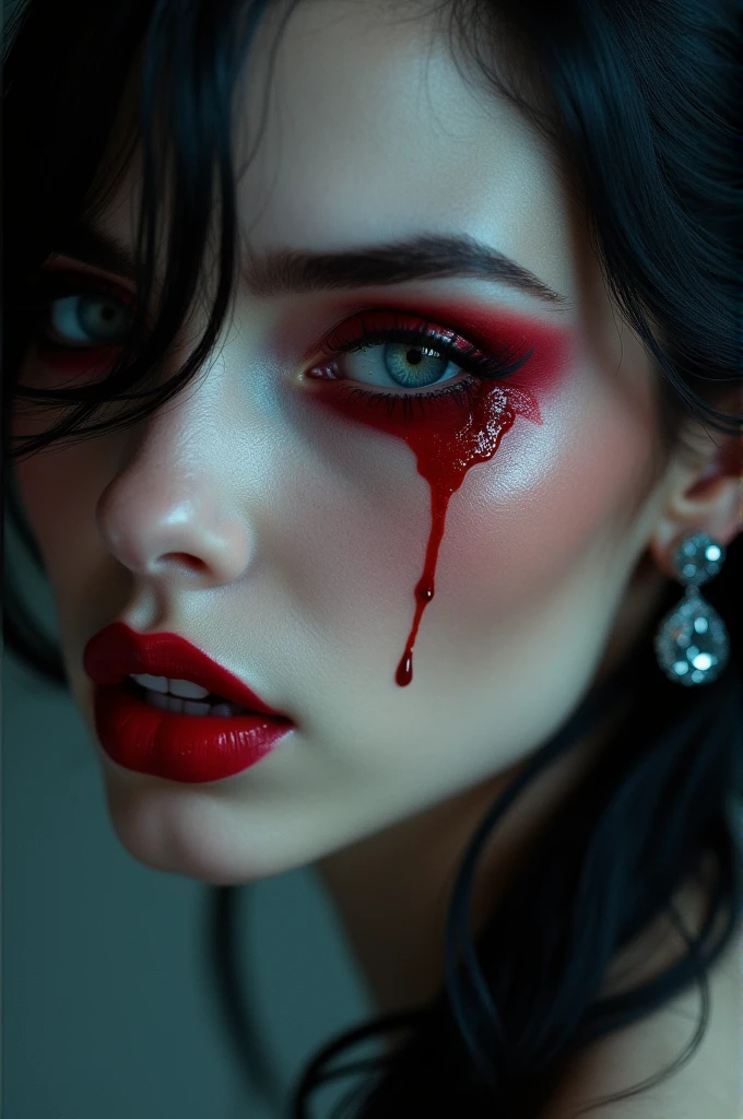 aa portrait of vampire with a bloody tear coming down from he eye, an exotic beautiful female vampire, red hair color, dynamic hair style, ultra detailed face, best detailed face, silver eye color, ((1single red teardrop: 1.3)), ((tear drop made from blood)), ((teardrop coming down from the eye: 1.3)), small cleavage, wearing two black diamond earrings, Ultra-high resolution, High Contrast, (masterpiece:1.5), highest quality, Best aesthetics), 16K fantasy art, best details, best quality, highres, (ultra wide angle: 1.2), 16k, [ultra detailed], masterpiece, best quality, (extremely detailed), ladyshadow, magical sky, crying style, vampire teeth