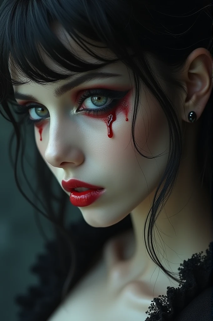 aa portrait of vampire with a bloody tear coming down from he eye, an exotic beautiful female vampire, red hair color, dynamic hair style, ultra detailed face, best detailed face, silver eye color, ((1single red teardrop: 1.3)), ((tear drop made from blood)), ((teardrop coming down from the eye: 1.3)), small cleavage, wearing two black diamond earrings, Ultra-high resolution, High Contrast, (masterpiece:1.5), highest quality, Best aesthetics), 16K fantasy art, best details, best quality, highres, (ultra wide angle: 1.2), 16k, [ultra detailed], masterpiece, best quality, (extremely detailed), ladyshadow, magical sky, crying style, vampire teeth