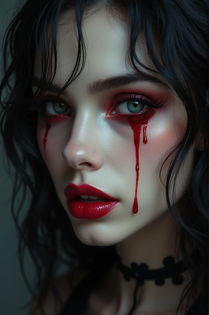 aa portrait of vampire with a bloody tear coming down from he eye, an exotic beautiful female vampire, red hair color, dynamic hair style, ultra detailed face, best detailed face, silver eye color, ((1single red teardrop: 1.3)), ((tear drop made from blood)), ((teardrop coming down from the eye: 1.3)), small cleavage, wearing two black diamond earrings, Ultra-high resolution, High Contrast, (masterpiece:1.5), highest quality, Best aesthetics), 16K fantasy art, best details, best quality, highres, (ultra wide angle: 1.2), 16k, [ultra detailed], masterpiece, best quality, (extremely detailed), ladyshadow, magical sky, crying style, vampire teeth