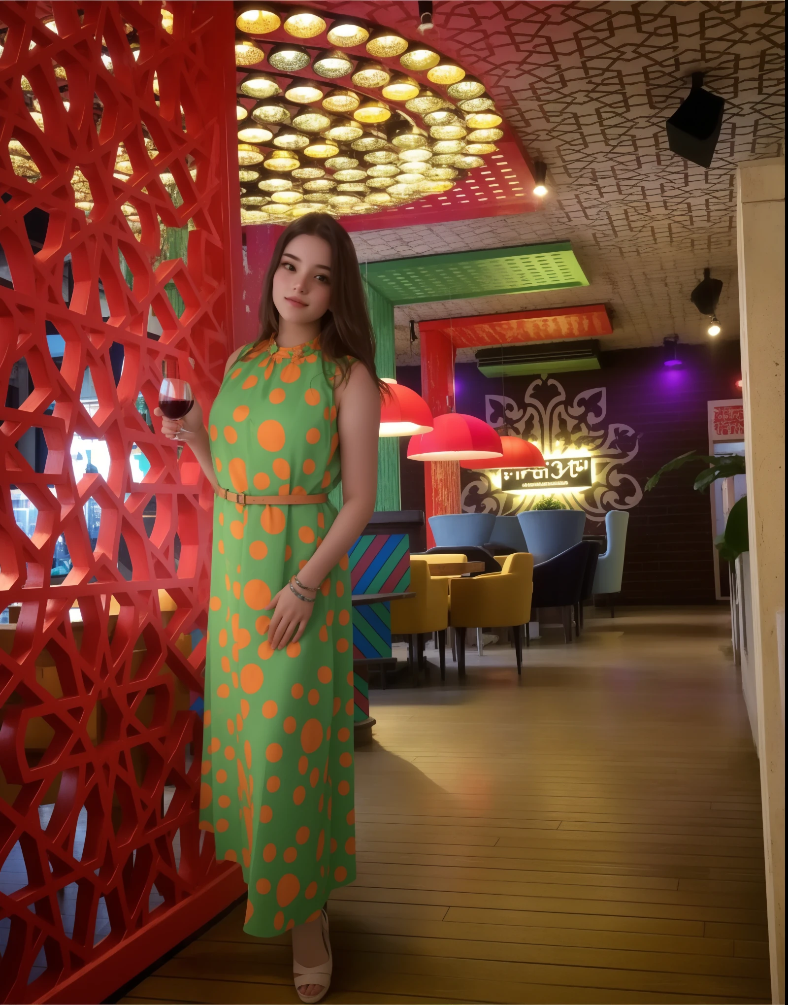 girl in a cafe, photo of a girl near a red wall, full-length girl in a dress, girl with a glass of wine,  супер качество, взрослая женщина в модном кафе 