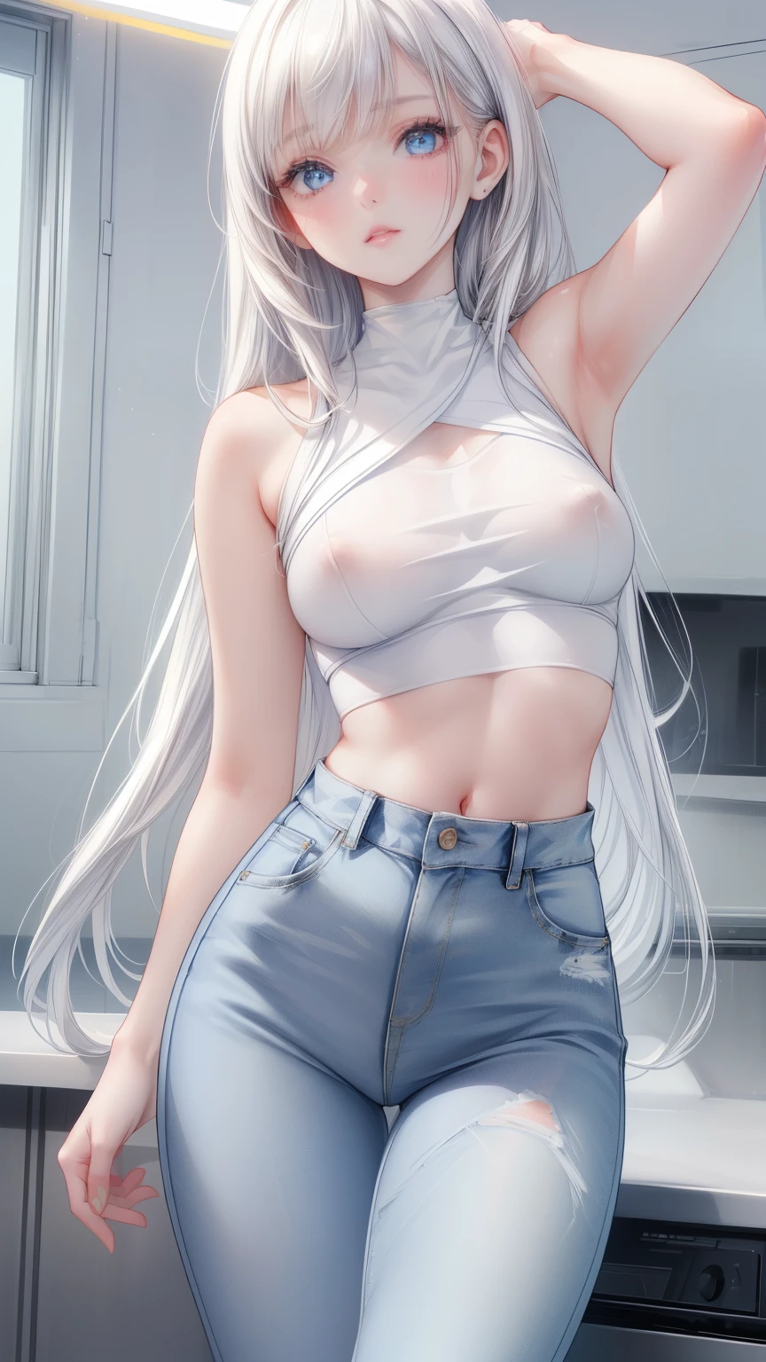 a girl wearing a tight white crop top, high-waisted blue jeans, very pale skin, perky nipples, y2k style, y2k aesthetic, hyperrealistic, 8k,  detailed, masterpiece, cinematic lighting, warm tones, (small breasts)