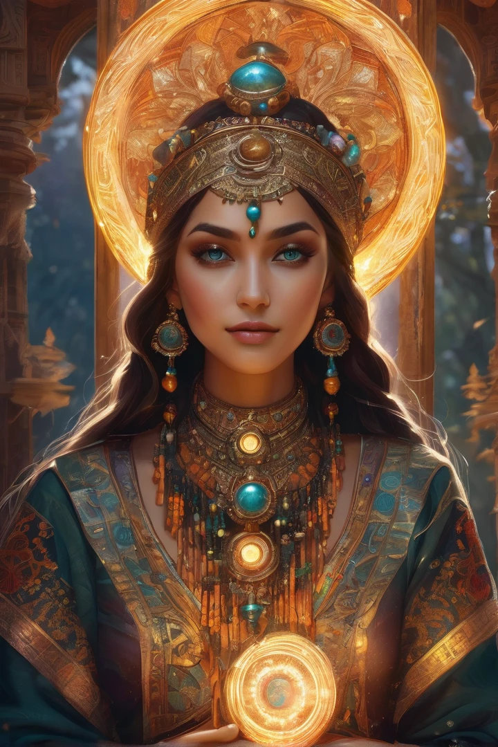 A beautiful mystical shamaness, ancient medallion emitting protective mystical light, intricate spells to rhythmic tambourines, piercing gaze revealing hidden desires and cosmic secrets, intricate flame dance ignited, twinkling lights reflected in charming eyes like stars, inspired by Vasnetsov's art, best quality, 4k, 8k, highres, masterpiece, ultra-detailed, realistic, photorealistic, photo-realistic, cinematic lighting, dramatic composition, fantasy, digital painting, concept art, muted colors, warm tones