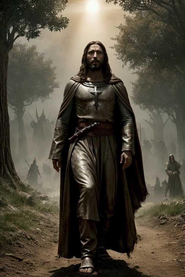 dvd screen capture, 2024 dark fantasy movie, 8k, Jesus, very realistic, HDR, being illuminated by a light