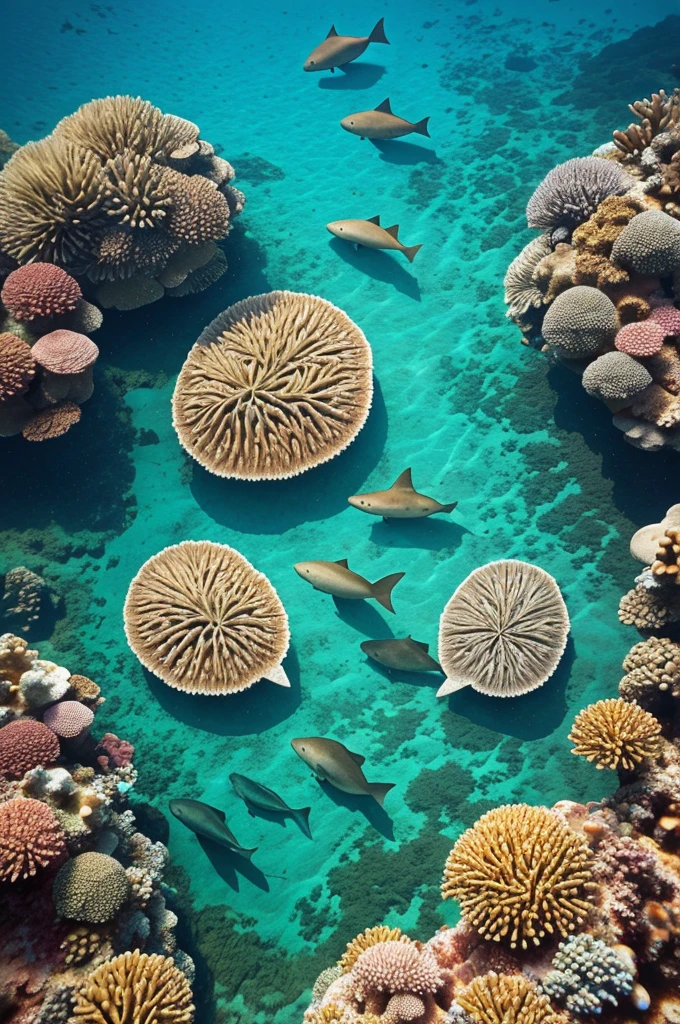 Illustration of a book cover from above with two stingrays, ( one big and one small), both swimming over dead corals. All that under water