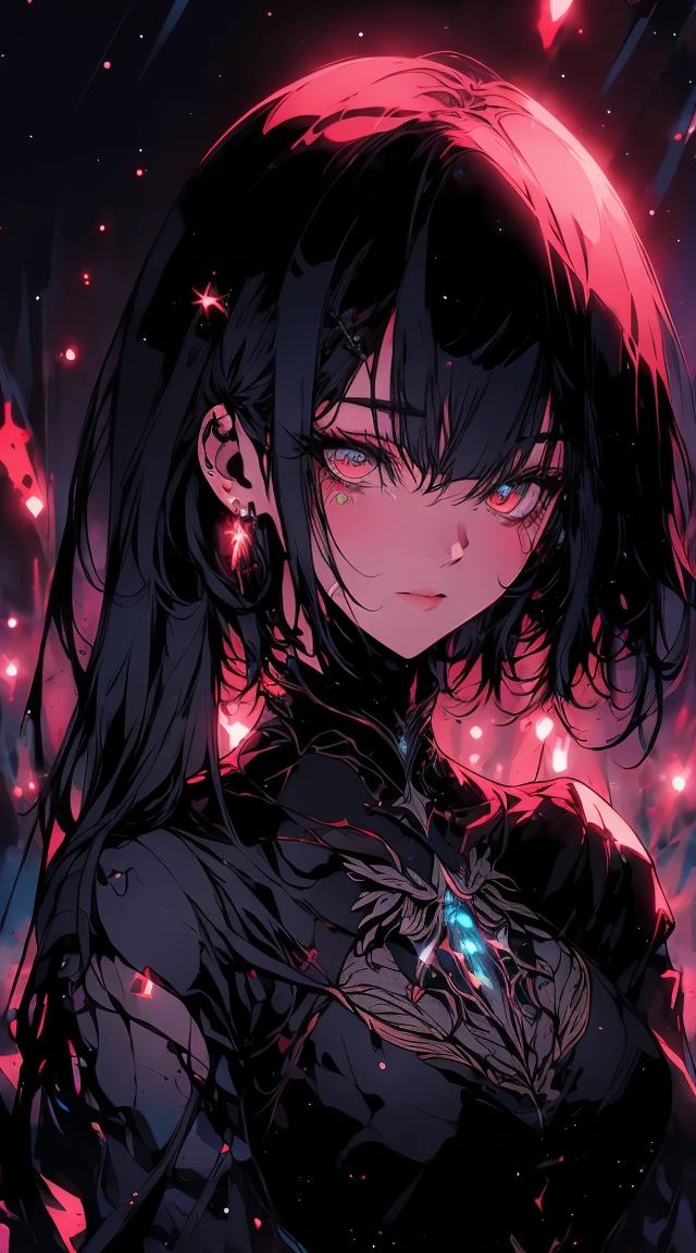 (masterpiece:1.2), Best Quality, (night sky, short dark red hair:1.2),(illustration:1.2), beautiful scenery, scared,(Masterfully Crafted Glow, Lens flare), (ultra detailed), hyper details, (delicate detailed), (intricate details), (cinematic light, Best Quality Backlights), clear line, The new World, viewer, solitary woman, solitary woman, perfect body, (1 girl), (Glowing bioluminescent hair, bright and shiny eyes), (dynamic:1.3), ((make up)), high contrast, (better lighting, an extremely delicate and beautiful), ((cinematic moonlight)), showy, ((Pastel painting with Photoshop:1.1)), ethereal, (masterpiece cinematográfica),suspended, touches of color, absolutely striking, ((caustic)), dynamic angle ,beautiful (Detailed glow), (mysterious),(Behind the intricate and detailed cinematic landscape:1.2),ambient occlusion, (ambient moonlight), ray traced reflections, Intricately detailed visible background , (shiny space suit), frightening, (bioluminescent vegetation:1.2), gothic church, stained glass windows, Gothic cathedral, Giant roses with thorns., black dress, long white gloves, Nun head accessory with long tails on the back., now layer
