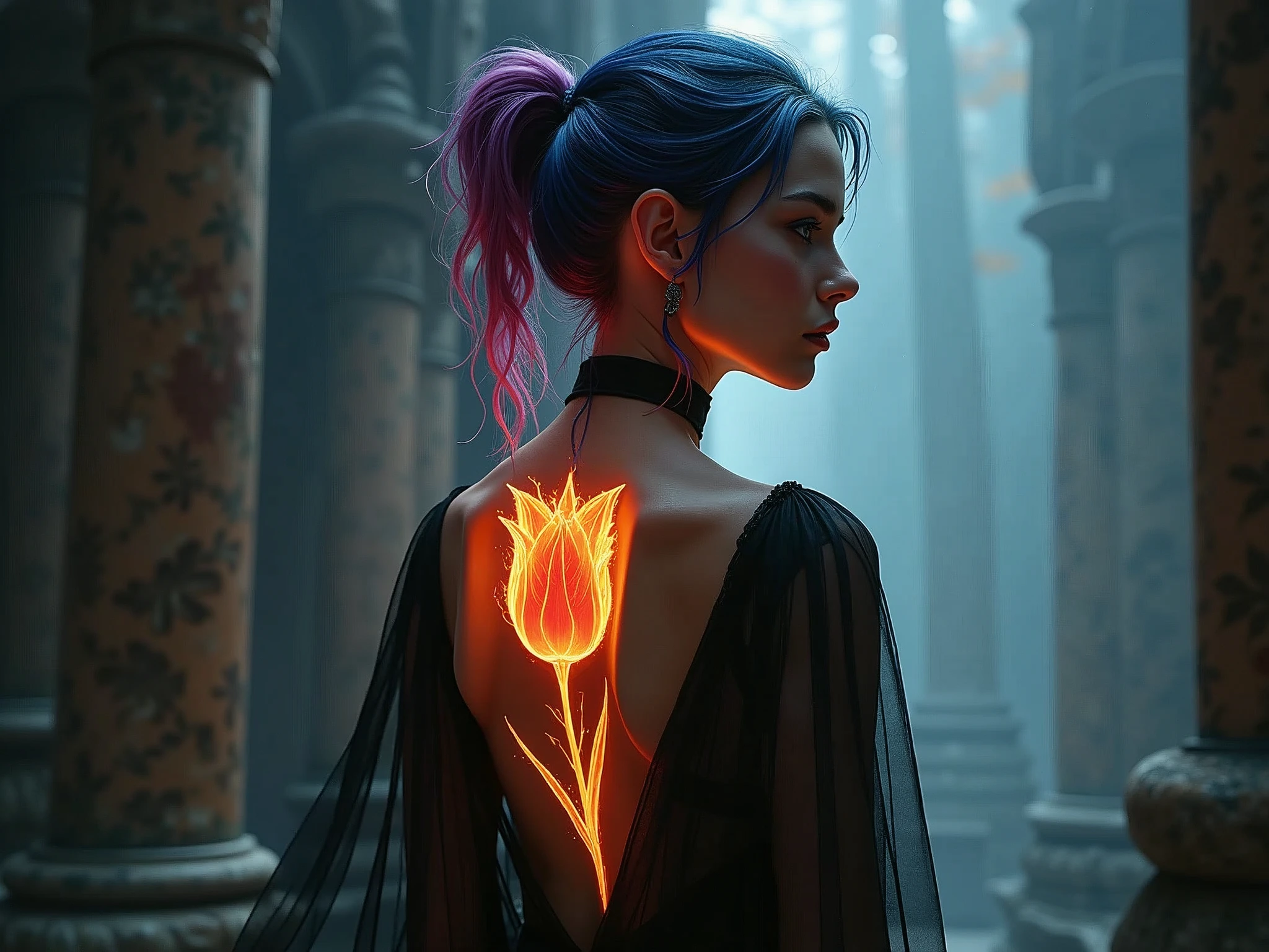 Arafed, Dark fantasy art, fantasy art, goth art, a picture of a tattoo of a tulip on the back of a female elf, a glowing tattoo of a ((tulip: 1.3)) on the elf's back, the ((tulip tattoo: 1.3)) is vivid, intricate detailed,  ((fire surrounds the tulip: 1.5)), shot taken from the back, ((the back is visible: 1.3), she wears a transparent dress, dynamoc color dress, the dress is elegant, flowing, elven style, that the tattoos glow, dynamic hair color, dynamic hair style,  vibrant, Ultra-high resolution, High Contrast, (masterpiece:1.5),  highest quality, Best aesthetics, best details, best quality, highres, 16k, (ultra detailed: 1.5), masterpiece, best quality, (extremely detailed) RAW, (ultra details, Masterpiece, best quality) faize, Digital Painting, *channel_42*, rpg portrait