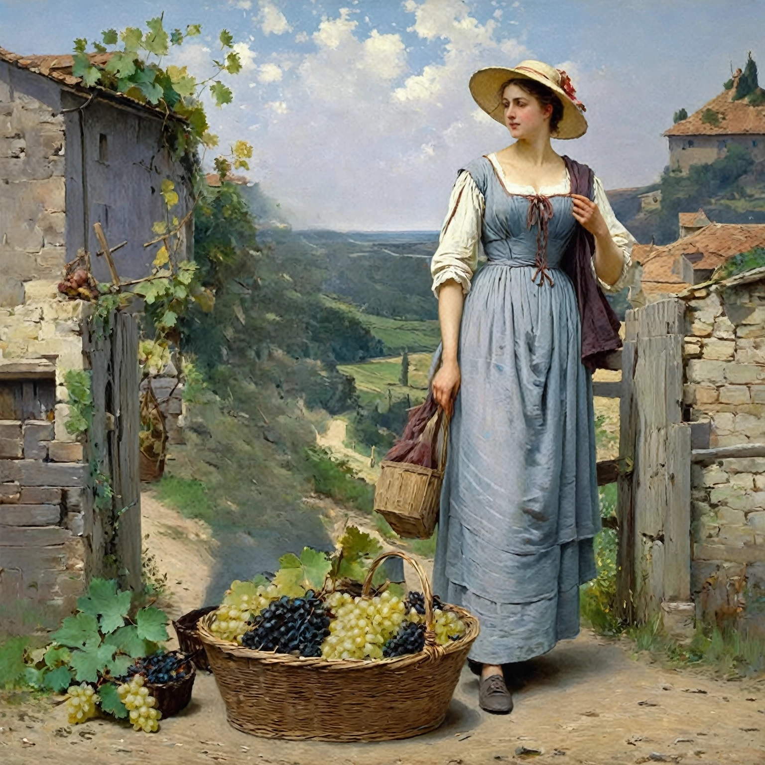 painting of a woman in a blue dress and straw hat holding a basket of grapes, daniel ridgway knight, by Eugene von Guerard, by Jules Robert Auguste, by Eduard von Grützner, art of emile eisman - semenowsky, on a village, by Eugene Leroy, tuomas korpi bouguereau