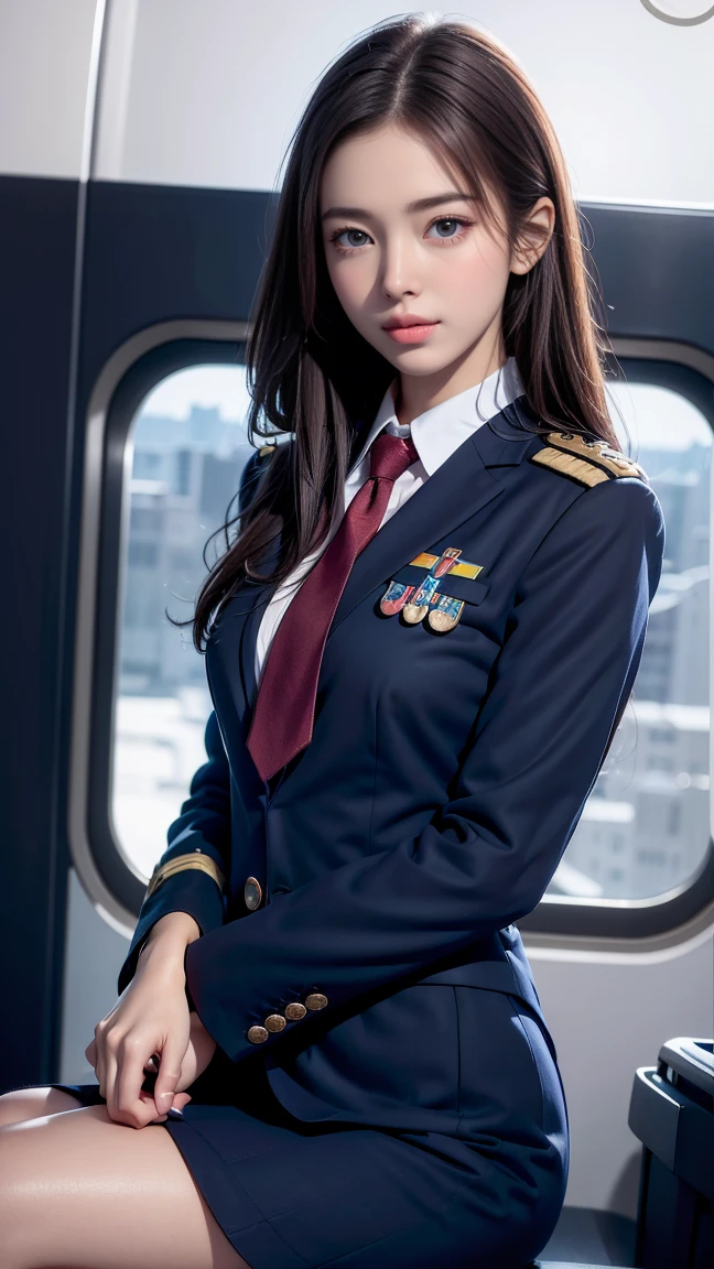 Highest quality, masterpiece, 8k, Ultra-high resolution, (Realistic: 1.4), 1 girl, Beautiful Face, Symmetrical eyes, big, Perfect Body Proportions, Stewardess Uniform, The viewer's gaze, (Inside the plane: 1.2), Front view, Shoulder jumps, Absolute area (1.3),