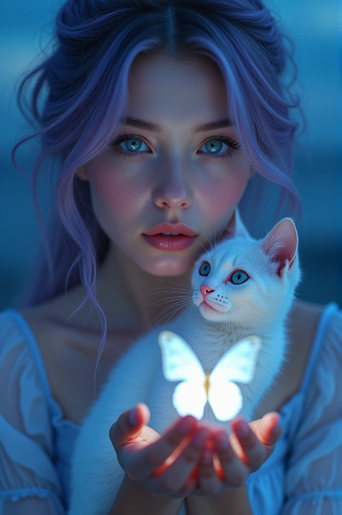 detail, Realism, 4k, Beautiful women, detail in face, big blue eyes, thick lips, splash nose, Purple and gray hair, Wearing a light blue dress, The cat in his hands, Blue moonlight background, White butterfly in closeup, realistic shot, Depth of fields, soft front light, glow, NffSW ，（zoom out：1.8），(pastelcolor: 1.2), Canon RF 100mm F2.8L Macro ES USM