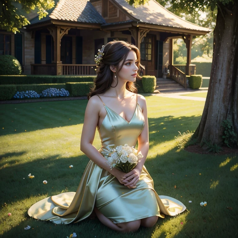 (​masterpiece, best quality:1.5), highest quality, High resolution, super detailed, Realists, Upper body photo of a brunette woman, detailed and beautiful eyes, beautiful detailed lips, very detailed eyes and face, longeyelashes, Woman in short dress made of shiny satin fabric, Beautiful and colorful makeup, elegant and noble々Pose,shiny satin headband, grind, Holding flowers, Gardens as background, soft daylight, bright colors, fine brushstrokes, Portrait style, Noble details in the dress fabric, beautiful color palette, glowing skin, First-class rendering, that captures every detail, enchanting atmosphere, subtle shadows and lights, (perfect anatomy:1.2), (The stunning woman kneels in the grass and looks teasingly),, (magnificent panorama view:1.2)