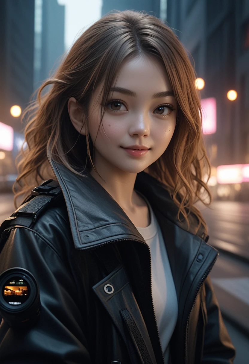 RAW photo, a close up portrait photo of 20 y.o 1woman, solo, realistic,shirt,jacket, cyberpunk, log hair,black jacket, background is city ruins, (high detailed skin:1.2), 8k uhd, dslr, soft lighting, high quality, film grain, Fujifilm XT3, highly detailed background,super beauty European girl, realistic face, double eyelid,smile,