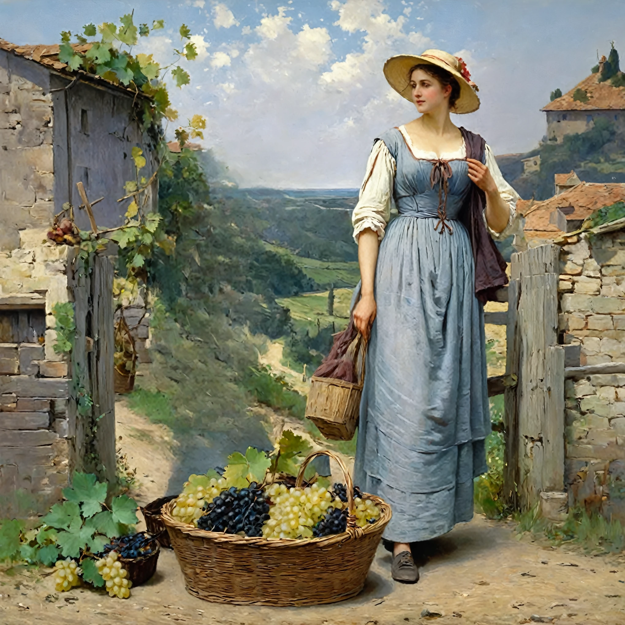 painting of a woman in a blue dress and straw hat holding a basket of grapes, daniel ridgway knight, by Eugene von Guerard, by Jules Robert Auguste, by Eduard von Grützner, art of emile eisman - semenowsky, on a village, by Eugene Leroy, tuomas korpi bouguereau