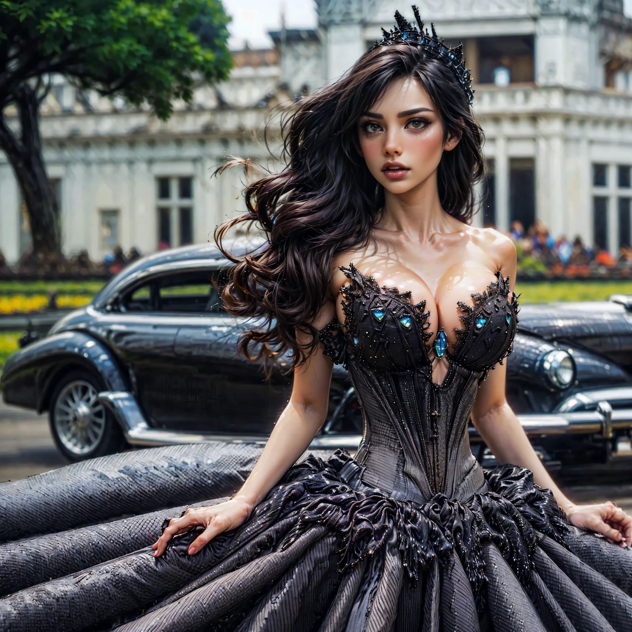 (Extreme HDR) (cinematic effect) Photo of an asian woman gigantic Breast with long hair flowing in the wind, wearing a black batik patterned costume, a V-cut strapless corset style batik dress made of carbon patterned satin, a very narrow and stiff V-cut waist decorated with blue jewels, a luxurious long skirt, looks beautiful and stunning, very realistic and detailed, with a royal palace in the background, sitting on a swing, behind it is a black classic car. hyper realistic, hyper detail clothing, Detailed gemstones, masterpiece, best quality:1.2),,(8k,highres,RAW photo,realistic,photo-realistic:1.3),(detailed skin texture,detailed cloth texture, beautiful detailed face:1.25),professional lighting,photon mapping,beautiful soft light,radiosity,physically-based rendering,raytracing, model shoot style, model shoot style, (extremely detailed CG unity 8k wallpaper), full shot body photo of the most beautiful artwork in the world (NSFW), (Nude), (Naked), (pussy) (small pussy) (tight pussy) (carbon fiber corset) (veiny breast) (steampunk corset)