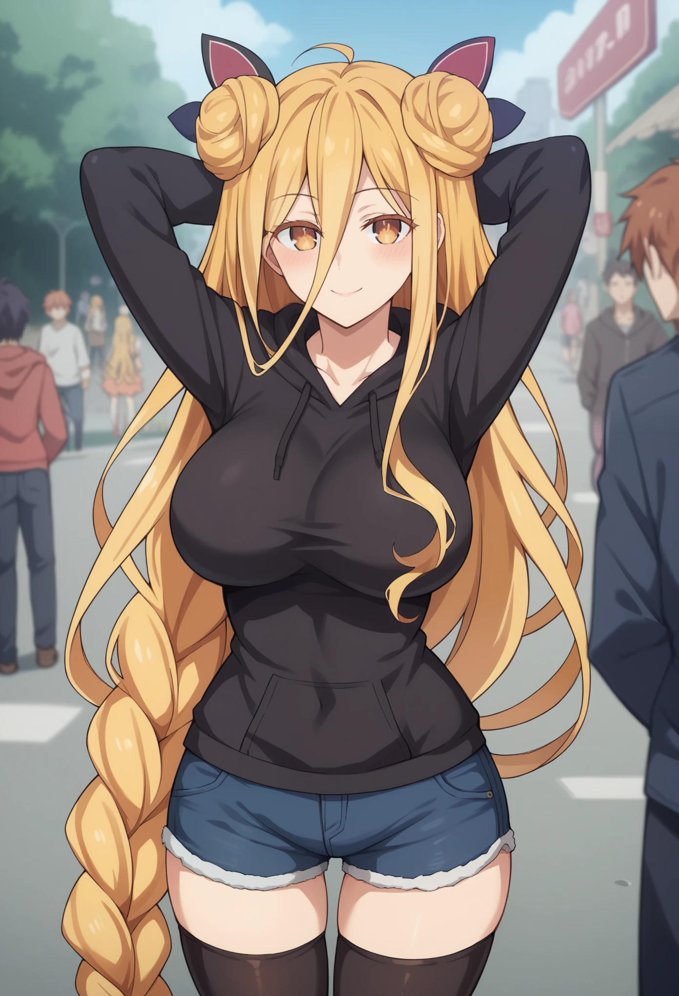 Score_9, Score_8_up, Score_7_up, ASCII masterpiece, source_anime, BREAK, 1girl, solo, mukurohoshimiya, mukurohoshimiya, long hair, blonde hair, hair between eyes, very long hair, yellow eyes, bun, double bun, braid, hair braid, blush, ((slim waist, wide hips, beautiful skin, beautiful eyes, big breasts, attractive woman, super sexy woman, lustful body, sexy woman with seductive obscene body, sensual body, voluptuous body, sexy beauty,)), sexy denim shorts, thigh highs, black hoodie, standing, blushing, seductive smile, hands behind head street background, sexy pose,