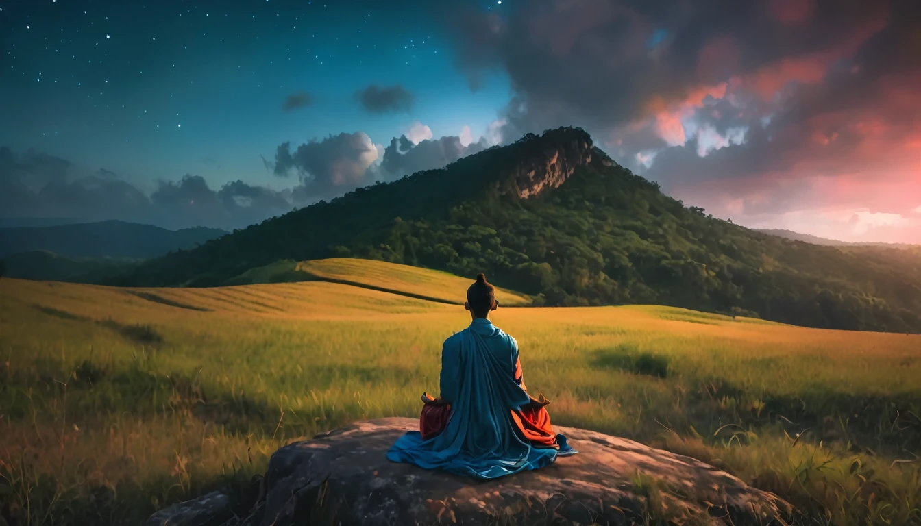 Person meditating. Loose Clothes. belo landscape de um vale florido. Enchanted World. Feeling of contemplation. Symbols of nature. strong and vibrant colors. cinematic lighting.