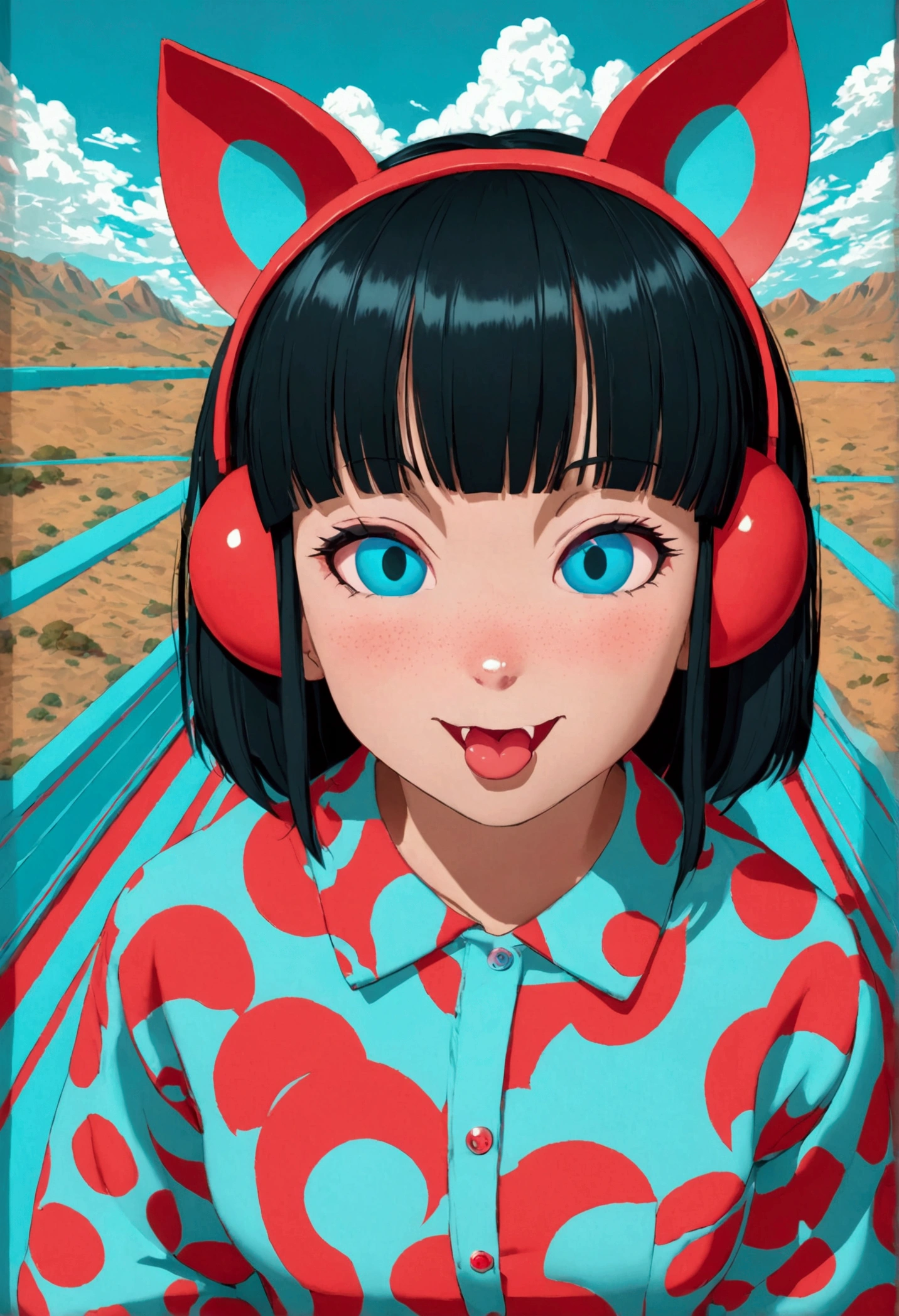 black hair, hair bobbles, wince, longeyelashes, solid circle eyes, fake animal ears, light smile, ear blush, fang, ccurate, Surrealism, drop shadow, anaglyph, stereogram, tachi-e, pov, atmospheric perspective, 8k, super detail, best quality