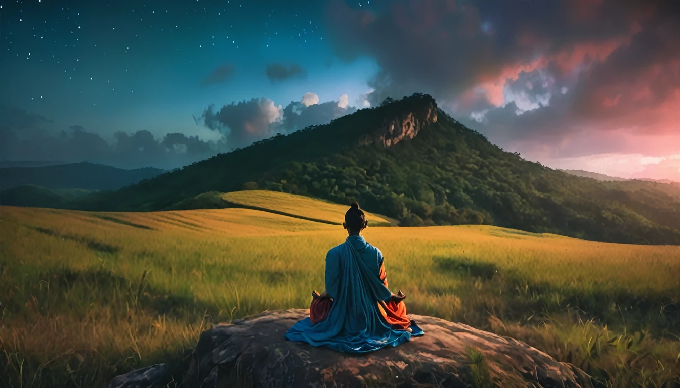Person meditating. Loose Clothes. belo landscape de um vale florido. Enchanted World. Feeling of contemplation. Symbols of nature. strong and vibrant colors. cinematic lighting.