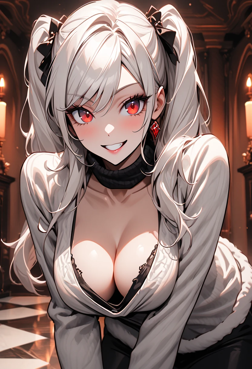 solo, female, tall, red eyes, long fluffy white hair, twin tails, mischievous smile, fun pose, very large breasts:1.3, close up, tomboy, fun, teasing pose, casual clothes, mansion, luxurious, warm, pinup pose, medium shot, cleavage