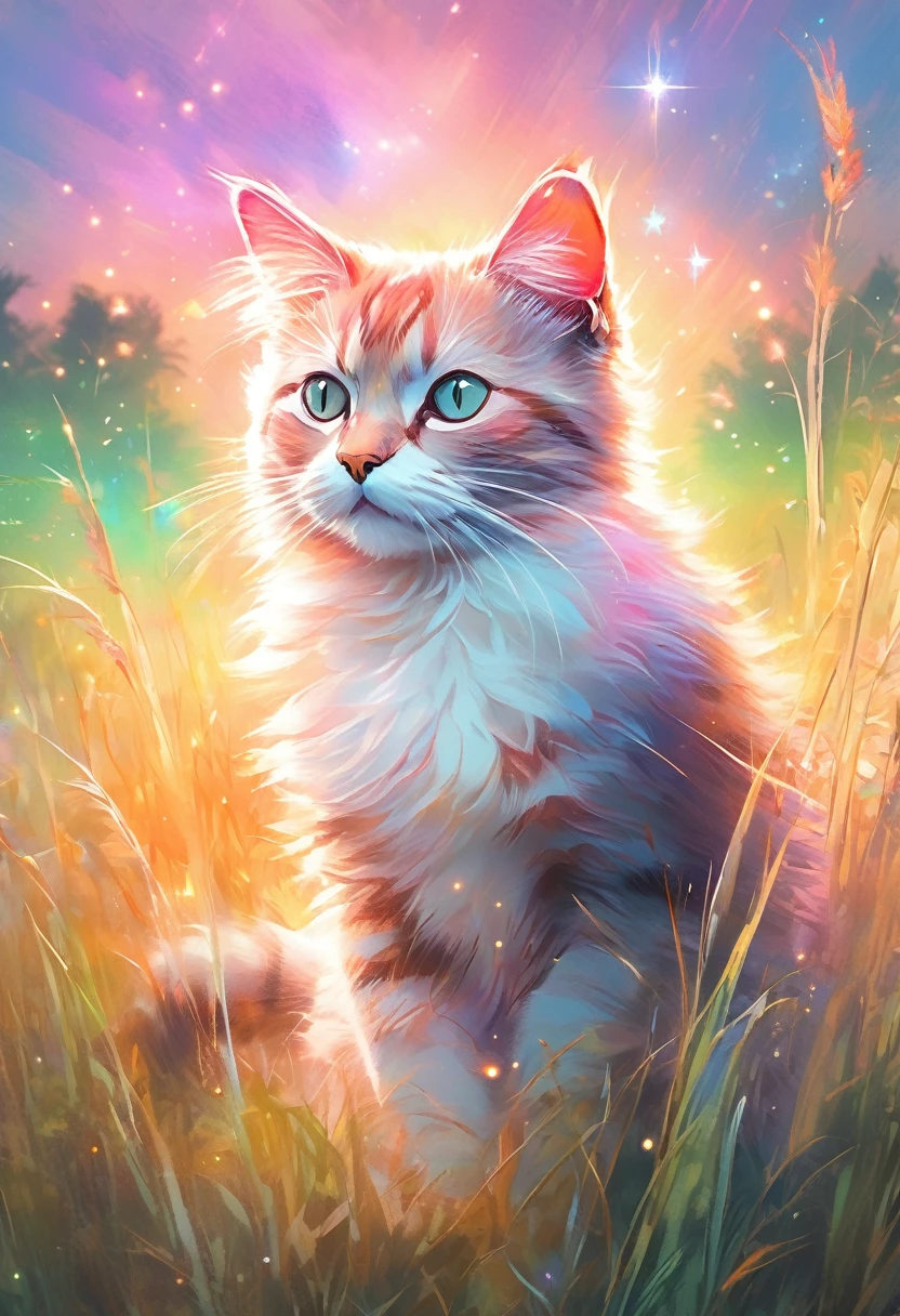 a colorful and lighted sky with a cat sitting in a field surrounded by tall grass, in the style of pastel painting, ethereal light effects, light atmospheric woodland imagery,the stars art group (xing xing)