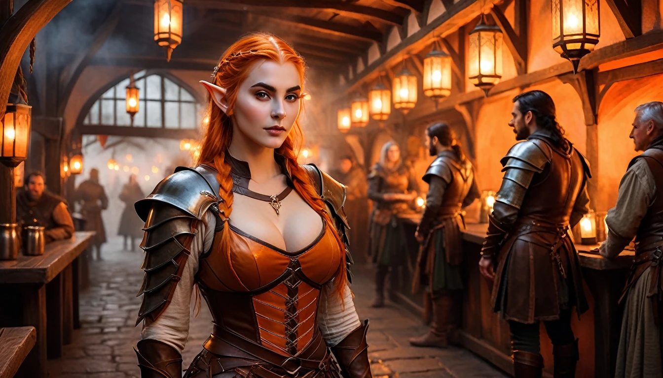 An elven woman with sharp features and pointed ears, dressed in leather armor with a very wide neckline revealing a more pronounced and voluptuous bust. The non-leather parts of her outfit are colored orange, creating a striking contrast. She stands confidently in a bustling medieval tavern, with a sword strapped to her back. The atmosphere is filled with smoke or mist, adding an air of mystery and tension. The background features various patrons, including other elves and adventurers, engaged in conversation and merriment under the warm glow of lanterns