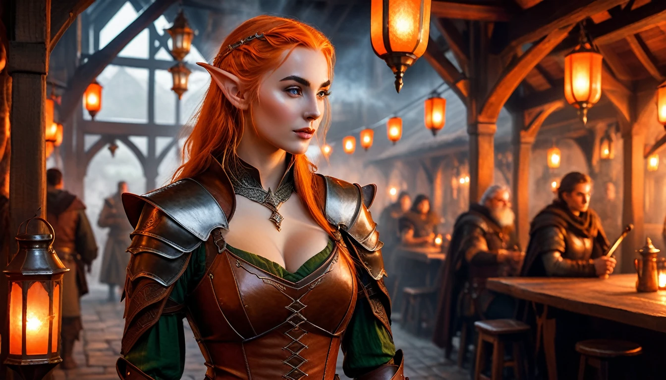 An elven woman with sharp features and pointed ears, dressed in leather armor with a very wide neckline revealing a more pronounced and voluptuous bust. The non-leather parts of her outfit are colored orange, creating a striking contrast. She stands confidently in a bustling medieval tavern, with a sword strapped to her back. The atmosphere is filled with smoke or mist, adding an air of mystery and tension. The background features various patrons, including other elves and adventurers, engaged in conversation and merriment under the warm glow of lanterns