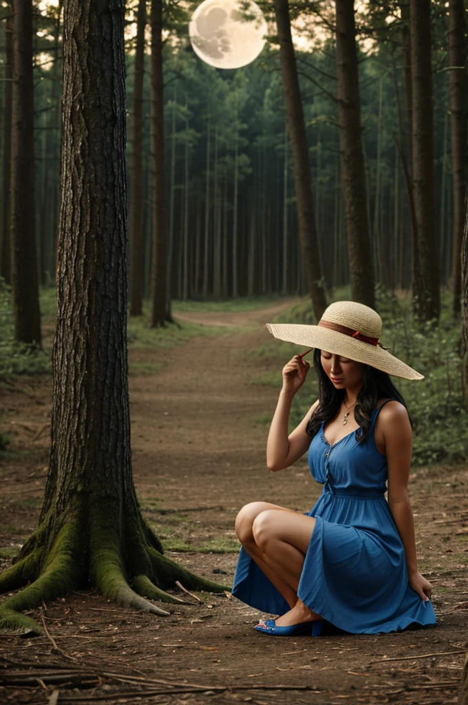 1 woman,Blue dress, Red high heels, straw hat,evening, forest,full moon, torn clothes,wolf ears,wolf tail, crying moaning