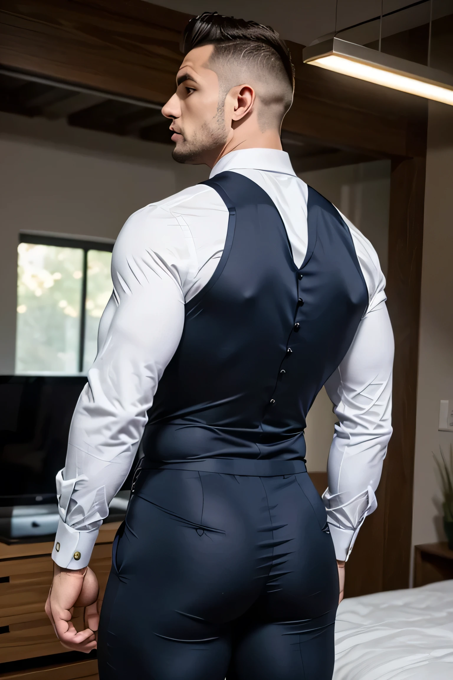 muscular man with big butt in tight-fitting suit in shirt, Big ass man,