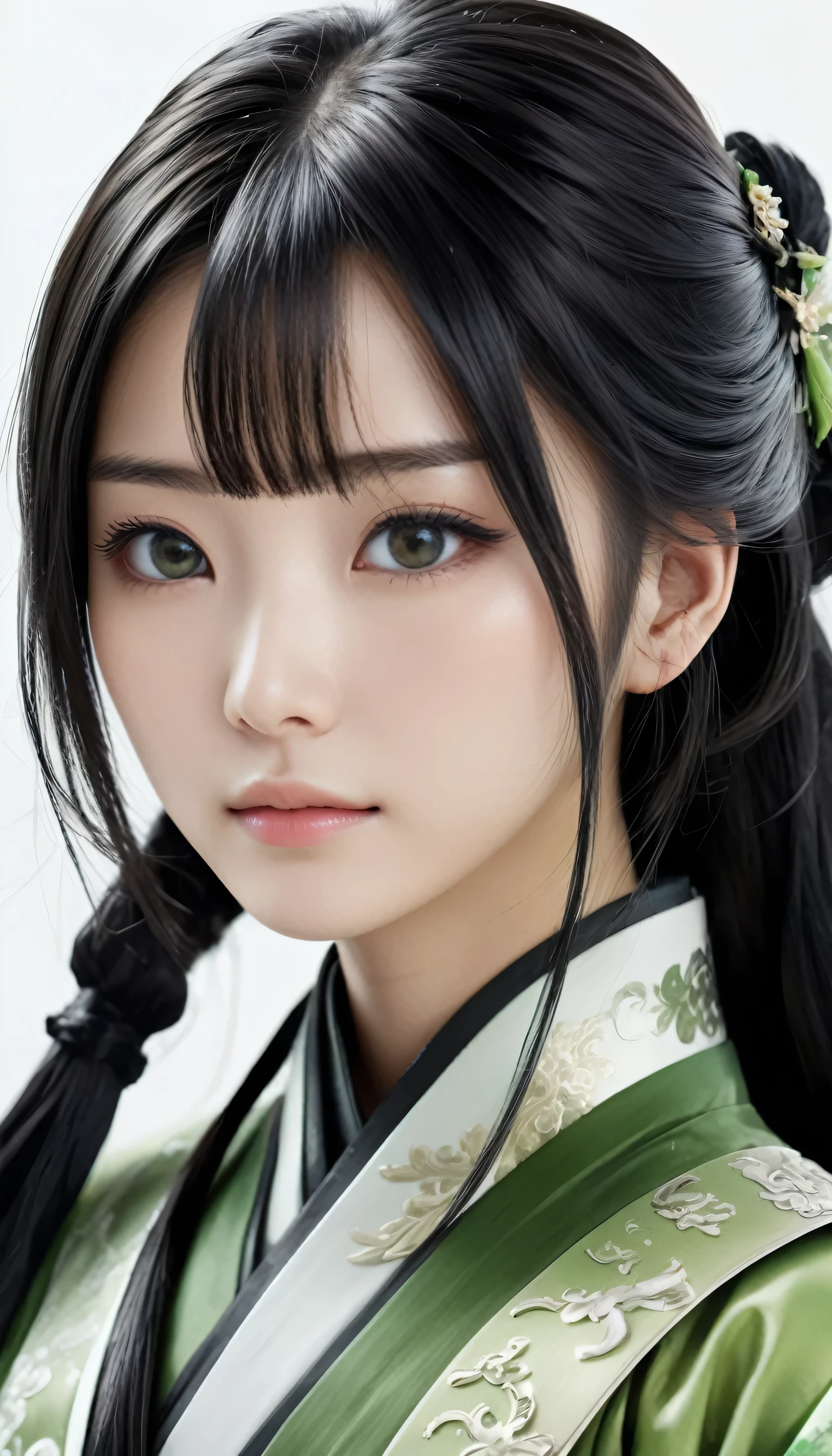 1 girl, heroine, handsome, splashed ink, Chinese armor, (upper body), black hair, floating hair, delicate eyes, black and green antique damask Hanfu, fov, (f1.8), (masterpiece), (portrait shot), front shot, white background, (movie poster), weapon