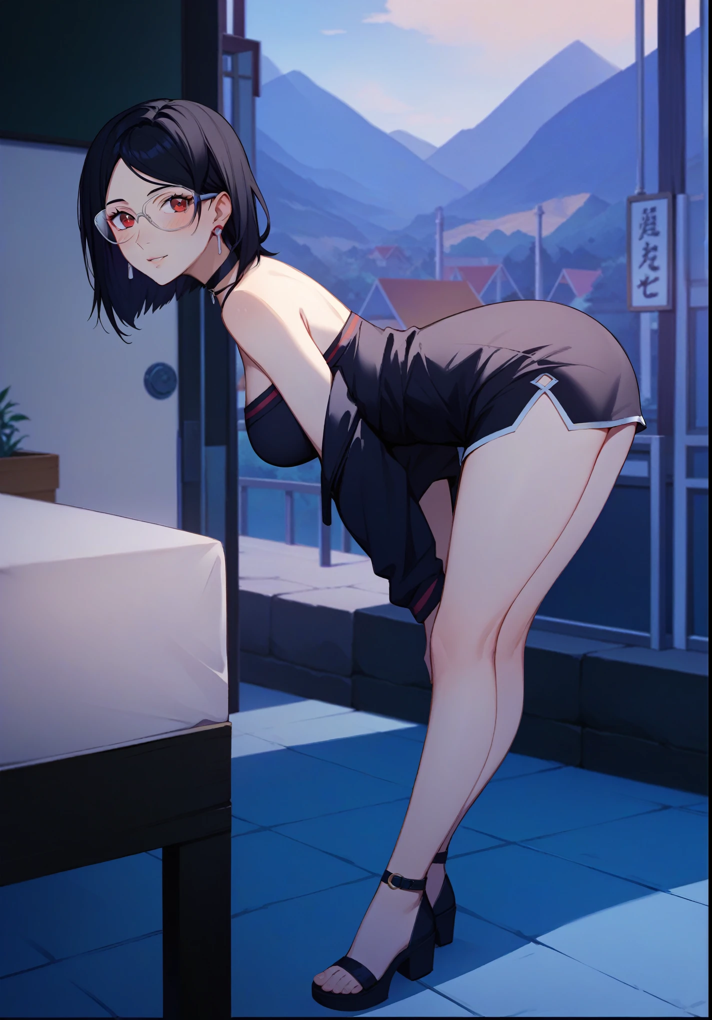 score_9, score_8_up, score_7_up, score_6_up, score_5_up, score_4_up, rating_questionable, , source_anime, digital illustration, pixiv, fanbox, uncensored, , BREAK, official art,
1girl, solo, mature female, sarada, black hair, red eyes, short hair, swept bangs, choker, glasses, earrings,
black jacket, black dress, off shoulder,  upper body, blush, waving,, outdoors, cowboy shot, looking at viewer, colorful, vivid    