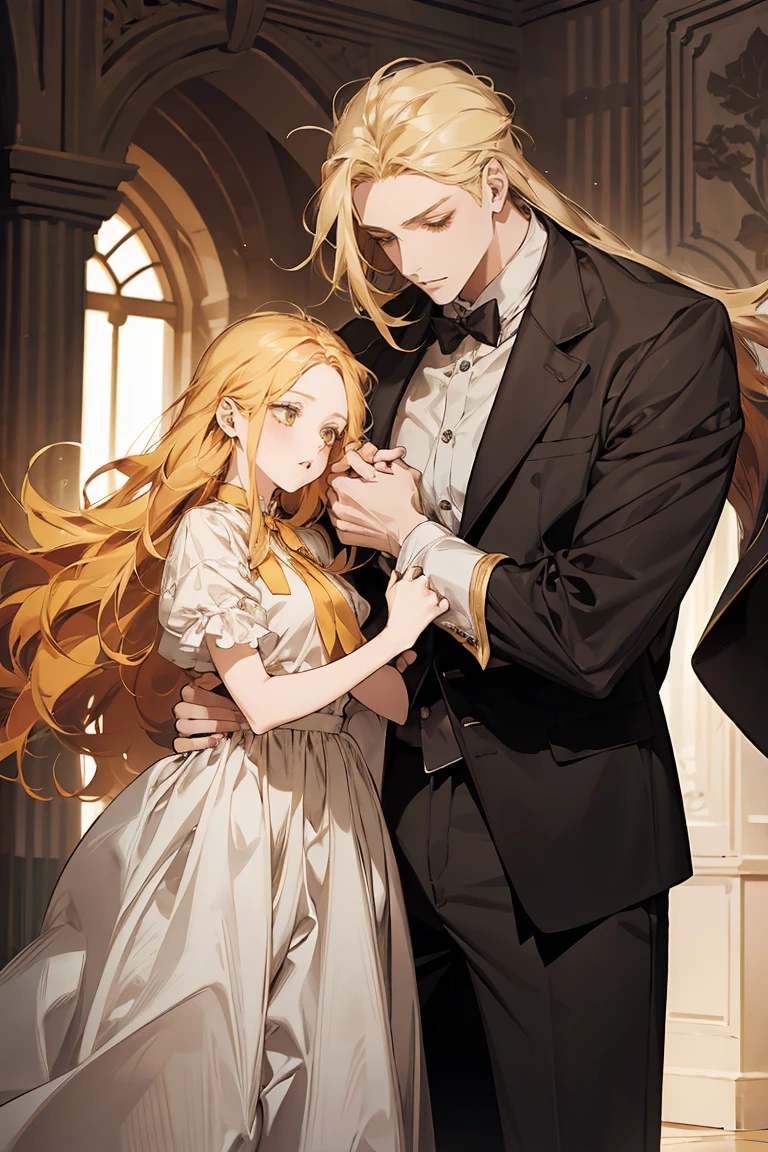 A woman, woman is gray long hair, big breast, wearing white long dress, holding a 5- boys hand, boy is yellow hair, wearing poet shirt and shorts