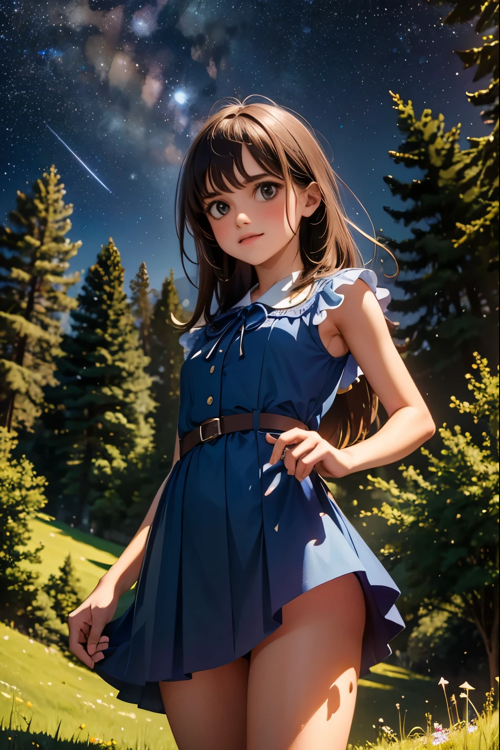 a girl on top of a hill, starry sky, view from below, flowering grass and trees,