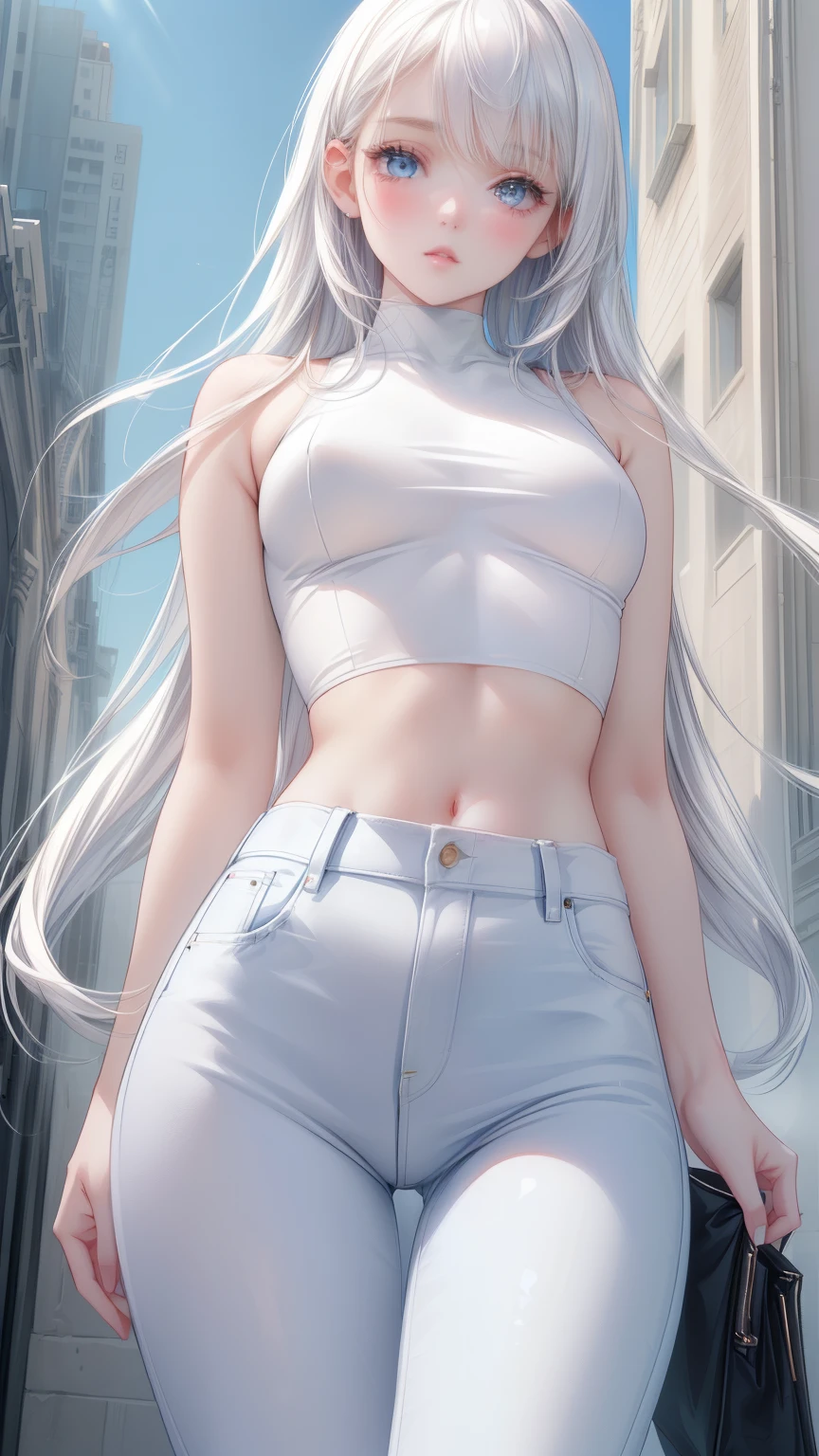 a girl wearing a tight white crop top, high-waisted blue jeans, very pale skin, y2k style, y2k aesthetic, hyperrealistic, 8k, detailed, masterpiece, cinematic lighting, warm tones, (small breasts)