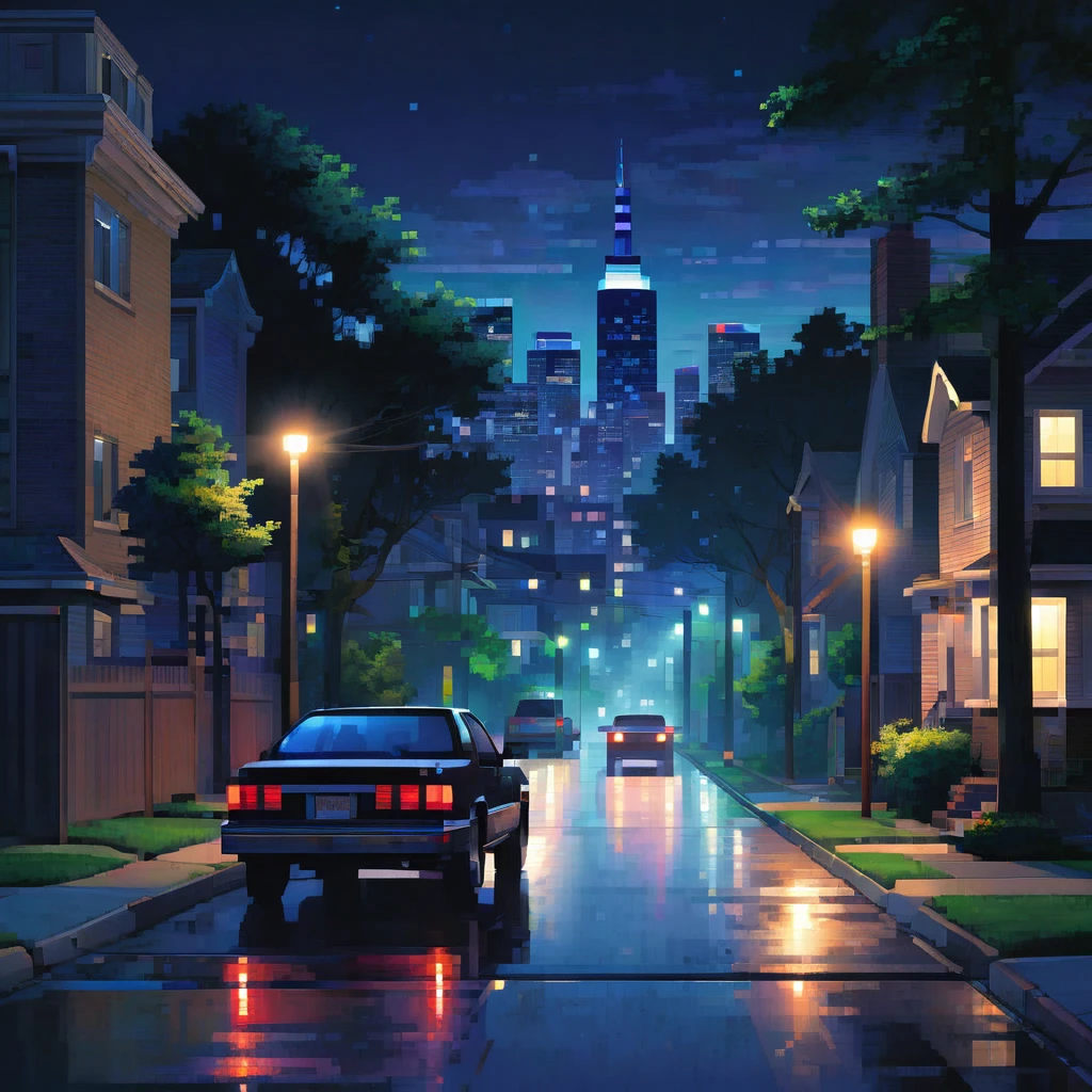 A night-time cityscape with a view from a suburban street. A dark car is parked on the side of the road, and the street is lined with houses and trees. The city skyline is visible in the background, with tall buildings lit up against the night sky. The scene is illuminated by streetlights, creating a moody and atmospheric vibe.