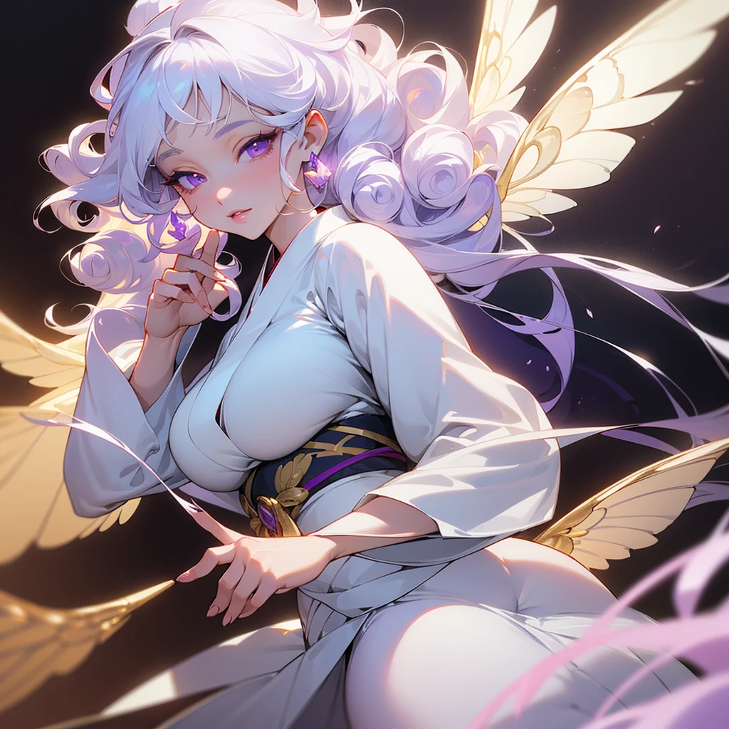 ((ultra quality)), ((masterpiece)), ((Angelic beauty woman)), ((Silk Moth Wings)), ((moth wings)), ((long white curly hair)), ((White hair)), ((White hair)), ((curly hair)),  (beautiful face), (beautiful female lips), Enchanting ((Seductive facial expression)), looks at the camera with a slight smile, (White skin color), (White skin), glow on the body, ((detailed eyes)), ((violet eyes)), (juicy female lips), (dark eyeliner), (beautiful female hands), ((thick body)), ideal female body, ((white kimono)), beautiful waist, beautiful big hips, big breasts, thick thighs, ((Subtle and beautiful)) (), ((depth of field)), ((high quality clear image)), (delete details), ((High detail)), ((clear focus))