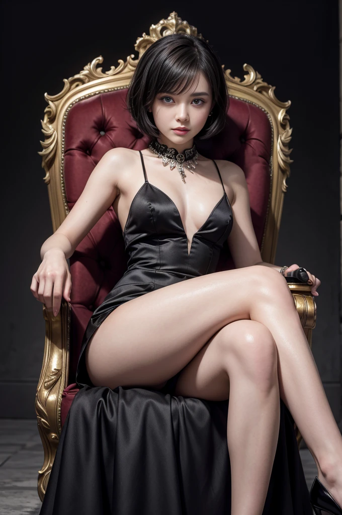 young, elegant girl in a black dress and short hair sitting on a throne with her legs crossed