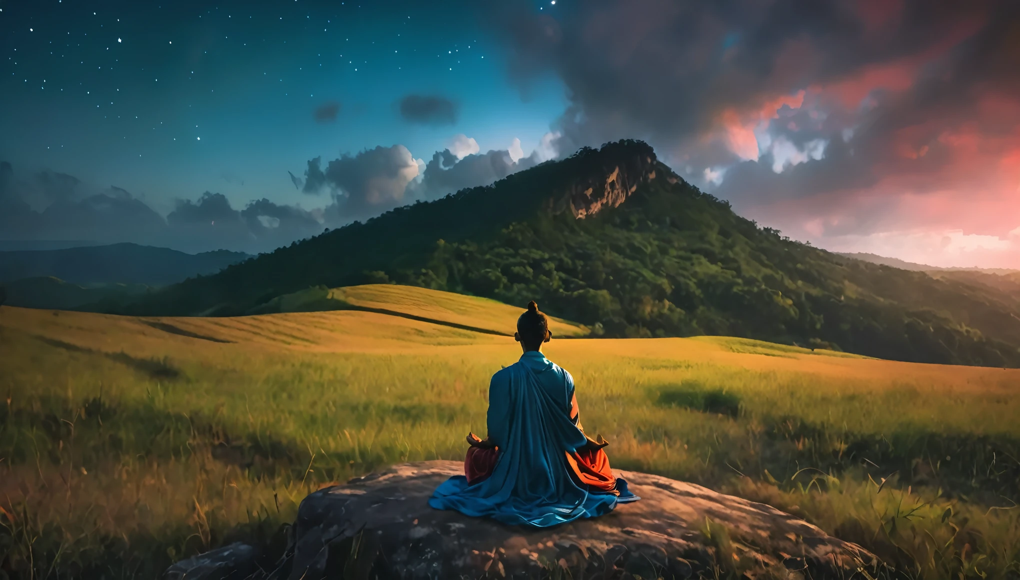 Person meditating. Loose Clothes. belo landscape de um vale florido. Enchanted World. Feeling of contemplation. Symbols of nature. strong and vibrant colors. cinematic lighting.