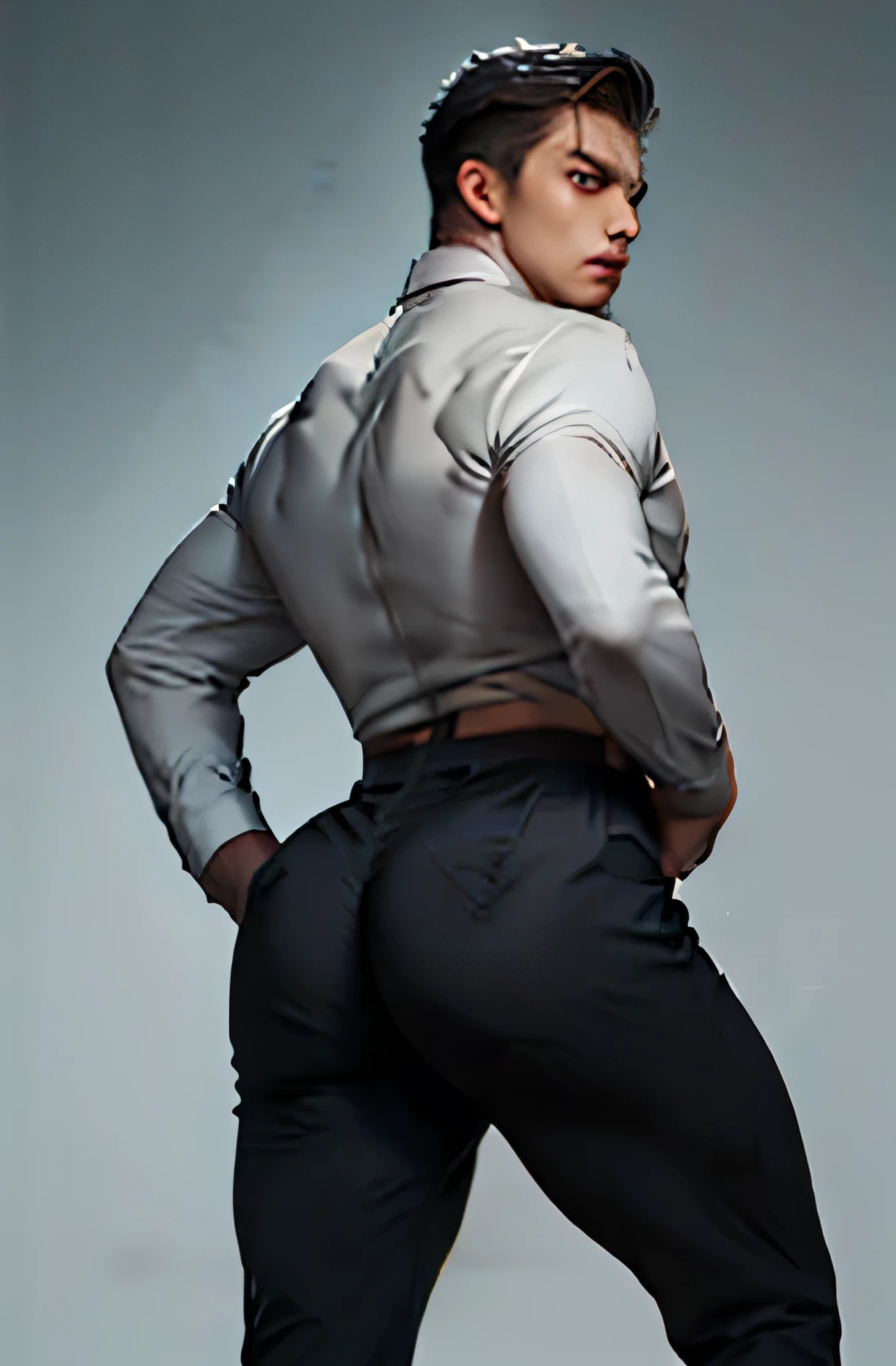 muscular man with big butt and small waist in suit and tight-fitting suit in shirt, Big ass man, man with hourglass body, man with waist
