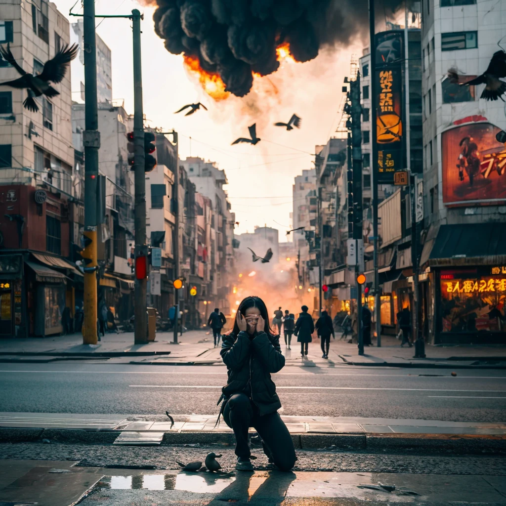 A person kneeling in the street crying and in the background a city being destroyed by several birds, with civilians running scared and explosions happening 