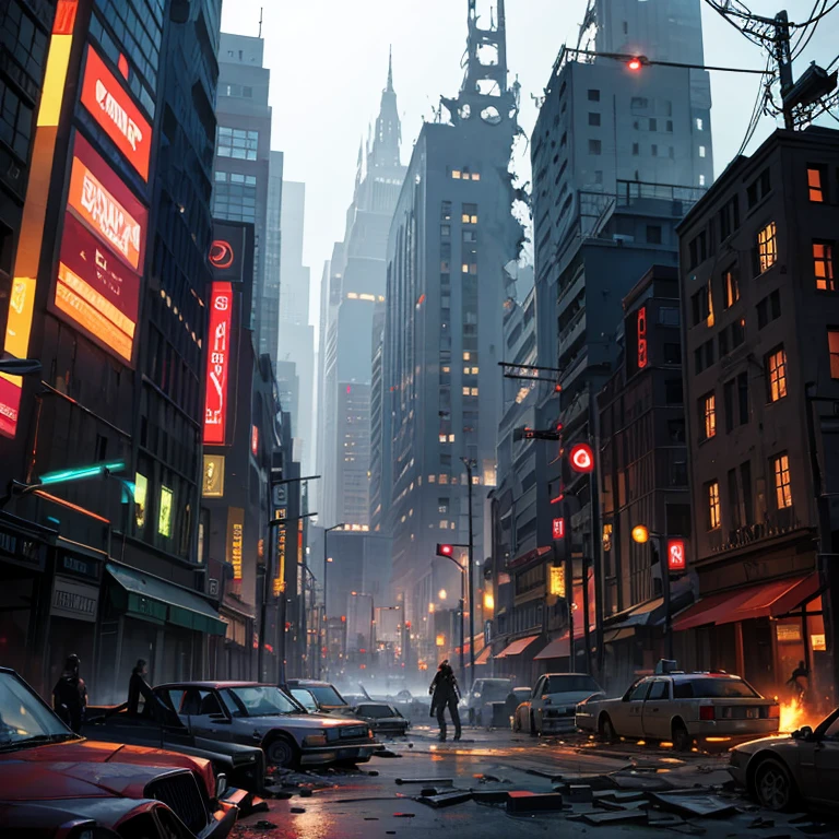 destroyed city full of zombies