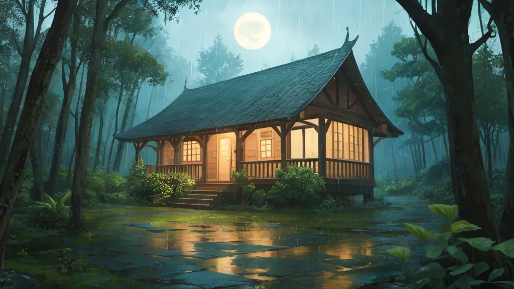 rain,forest,moon,in house,