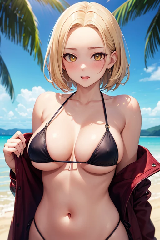 One Woman, Highest quality, masterpiece, Super Resolution, Large Breasts, Idol, Beauty, ((From the front 1.2)), Cleavage, 8k, High resolution eyes, High-resolution contours, ((Forehead visible 1.3)), Stylish, High-resolution pupils, blush, High resolution face, High resolution breasts, Ultra HD, Open your mouth, Upper Body, High resolution mouth, Sexy body, ((Cool face 1.5)), ((Hanging 1.3)), short hair, Broken bangs, Blonde, Yellow Eyes, model, Mature Woman, Adult women, Beautiful clavicle, High resolution hair, Mother, maternal, Micro Bikini, Underboob, Sideboob, Beach, Married Woman, couple,